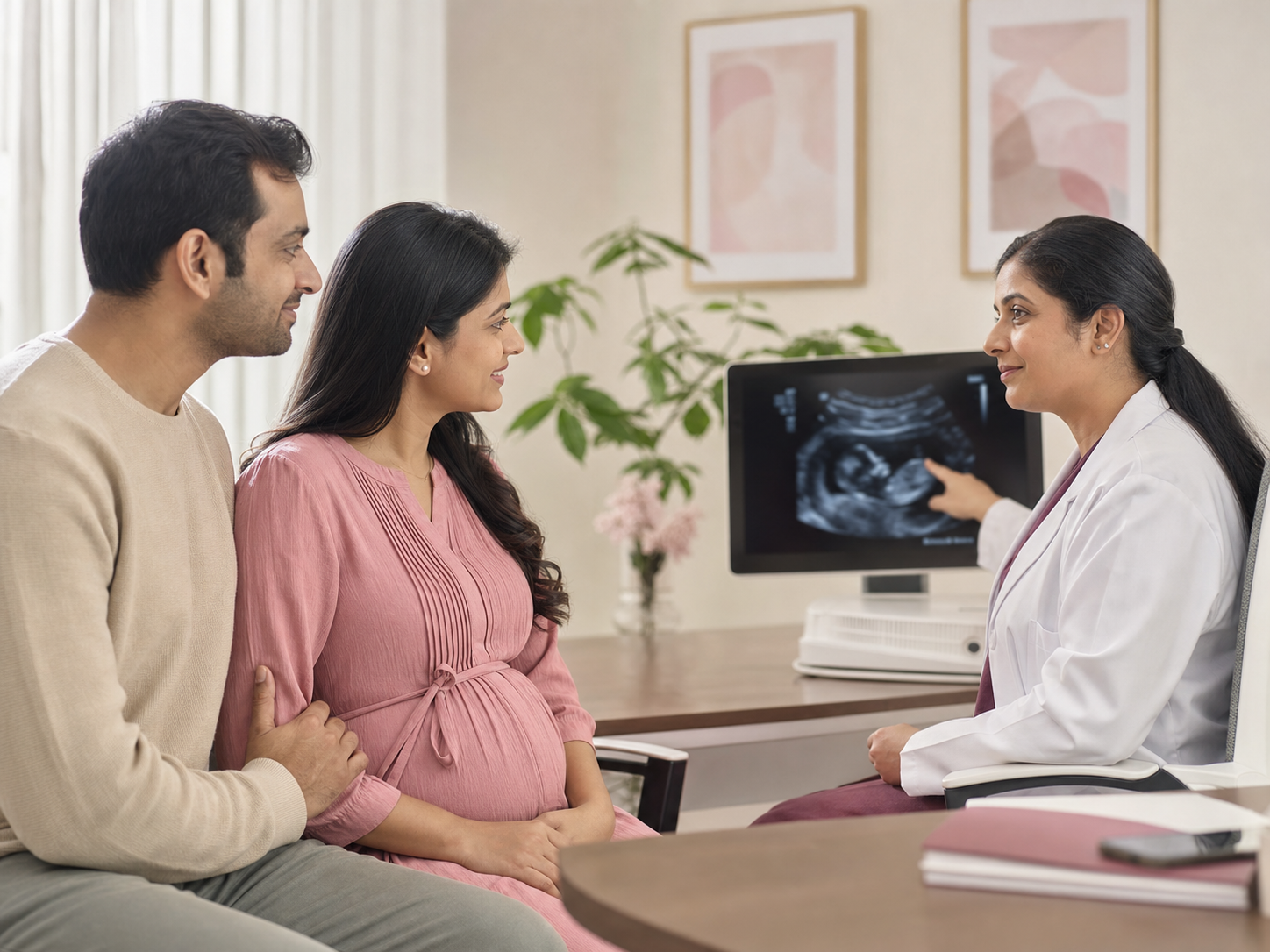 Expectant couple receiving antenatal guidance from an obstetrician